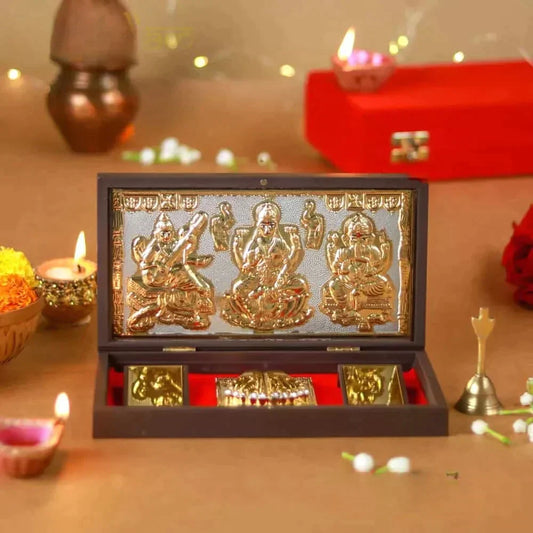 Ganesh Lakshmi Saraswati Mini Temple (24 Karat Gold Coated)