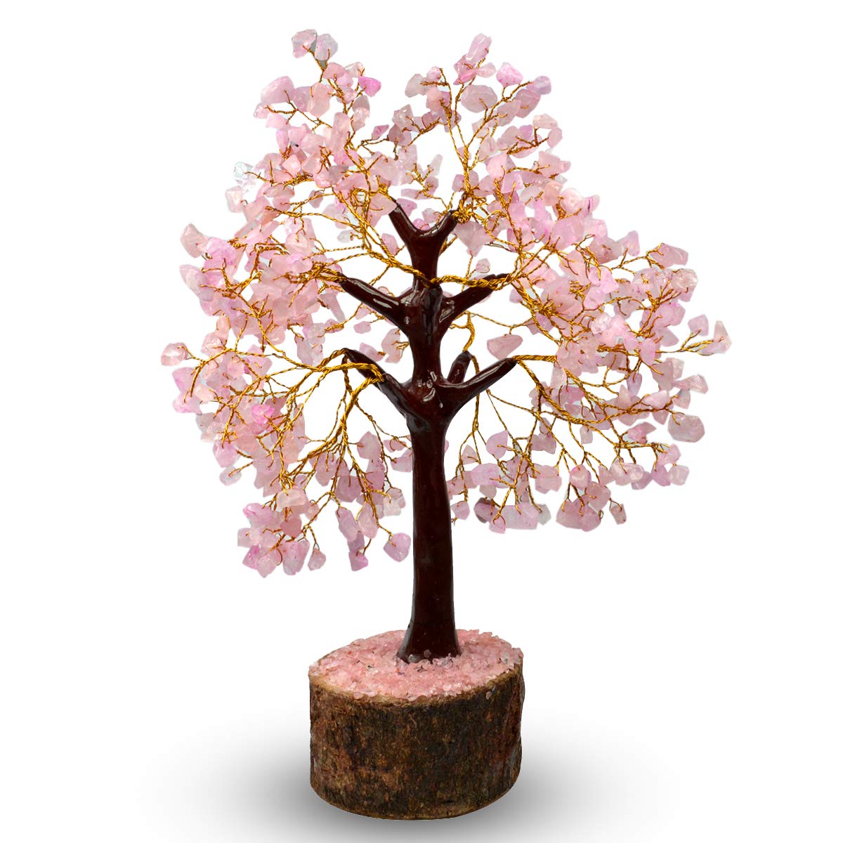 Rose Quartz Good Luck Crystal Tree 150 Chips Wood Base For Overall Well Being