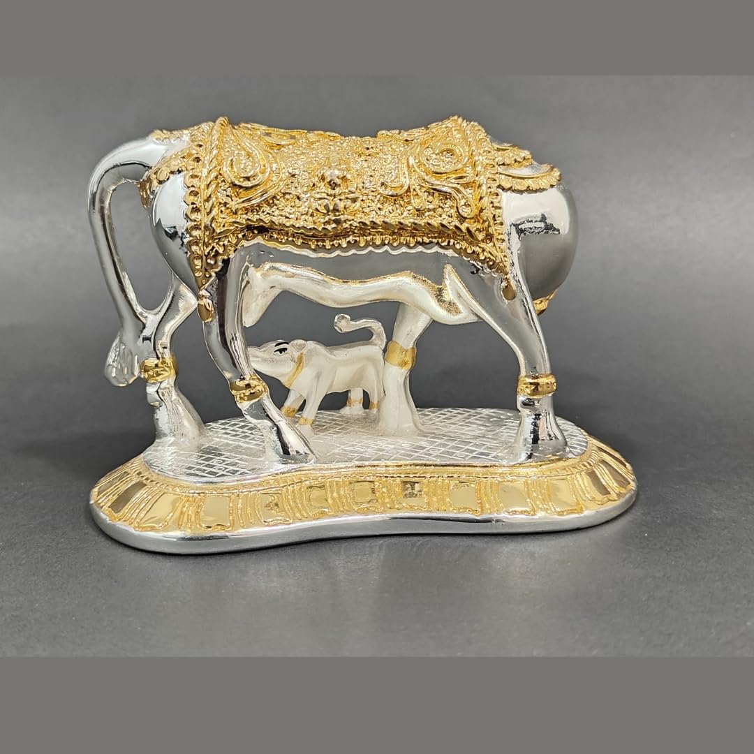 Vastu Kamdhenu Cow with Calf Idol Gold and Silver Plated Statue