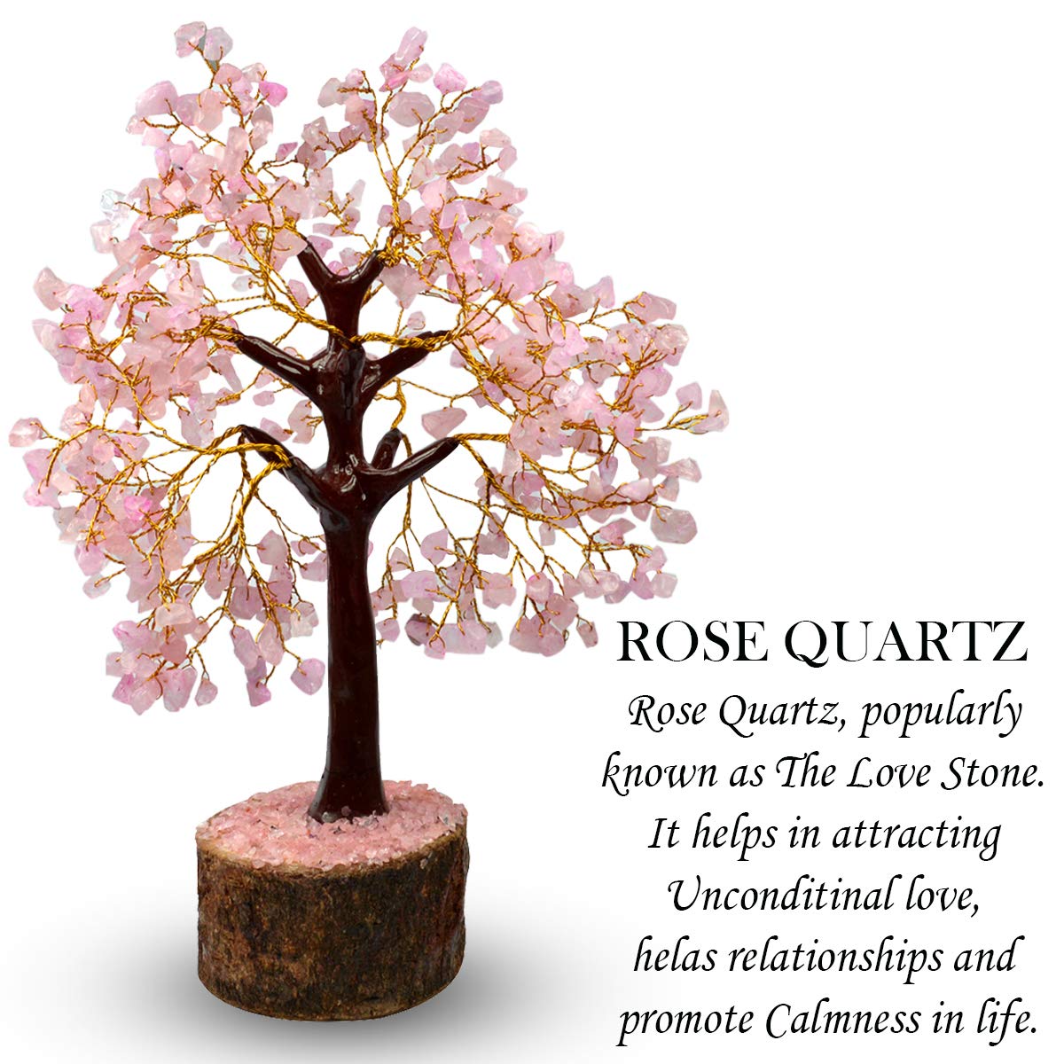 Rose Quartz Good Luck Crystal Tree 150 Chips Wood Base For Overall Well Being