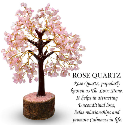 Rose Quartz Good Luck Crystal Tree 150 Chips Wood Base For Overall Well Being