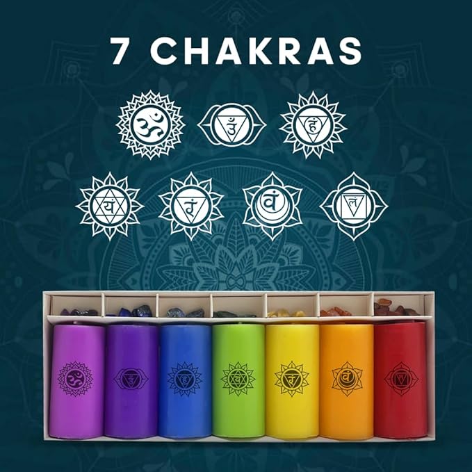 7 Chakra Pillar Candle with 7 Chakras Gem Stones