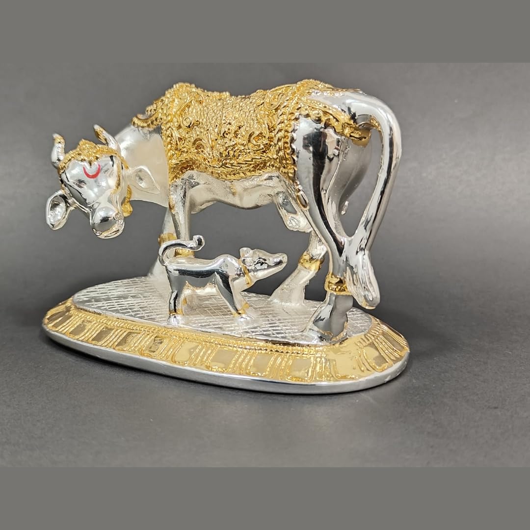 Vastu Kamdhenu Cow with Calf Idol Gold and Silver Plated Statue